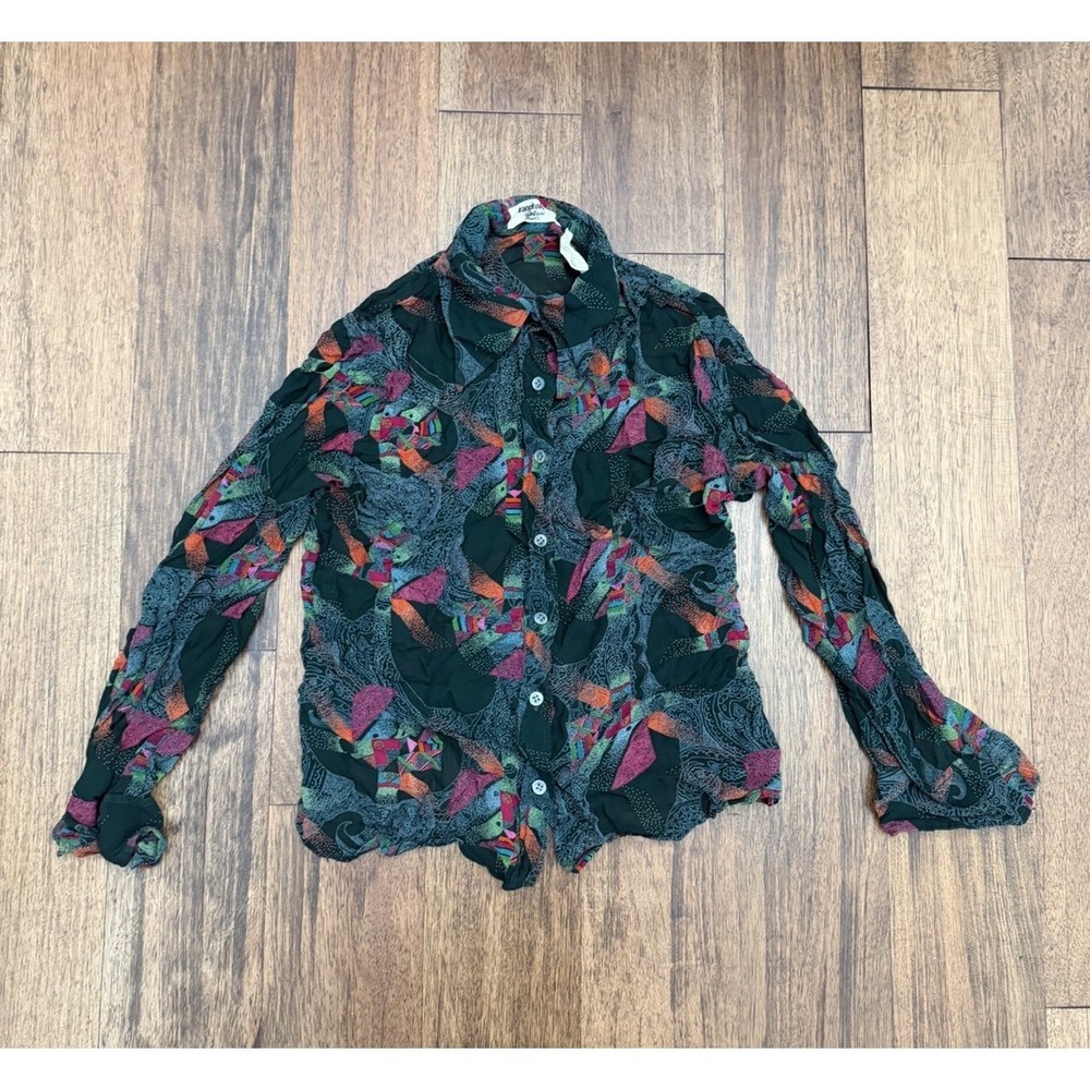 Vtg 70s Franck Olivier Paris designer women's silk L/S button-front blouse 46 XS